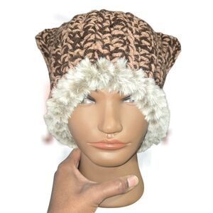 Dark Chocolate/Coffee Fur Brim Cat Beanie, Stretchy Fit, Winter Accessories, OBO
